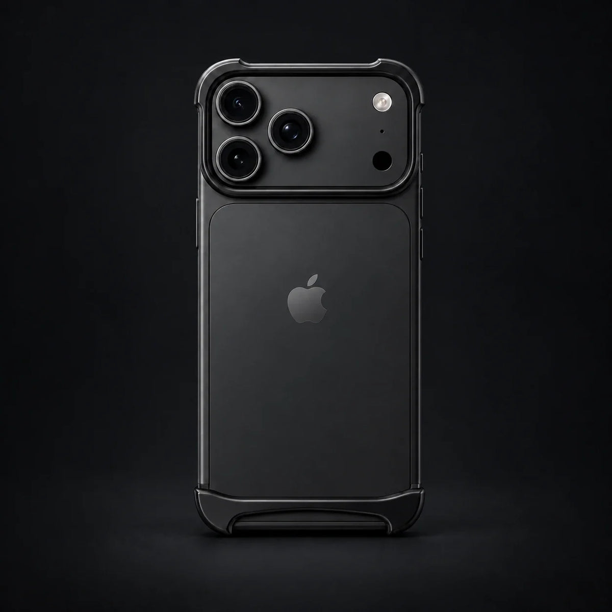 NØVA Halo black bumper with visible iPhone Apple logo, dark studio visualization
