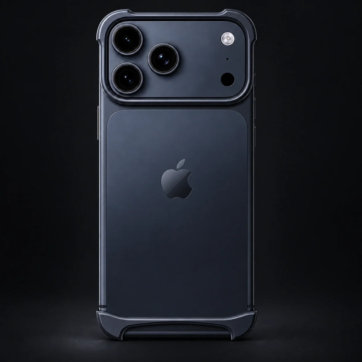 NØVA Halo blue bumper with visible iPhone Apple logo, dark studio visualization