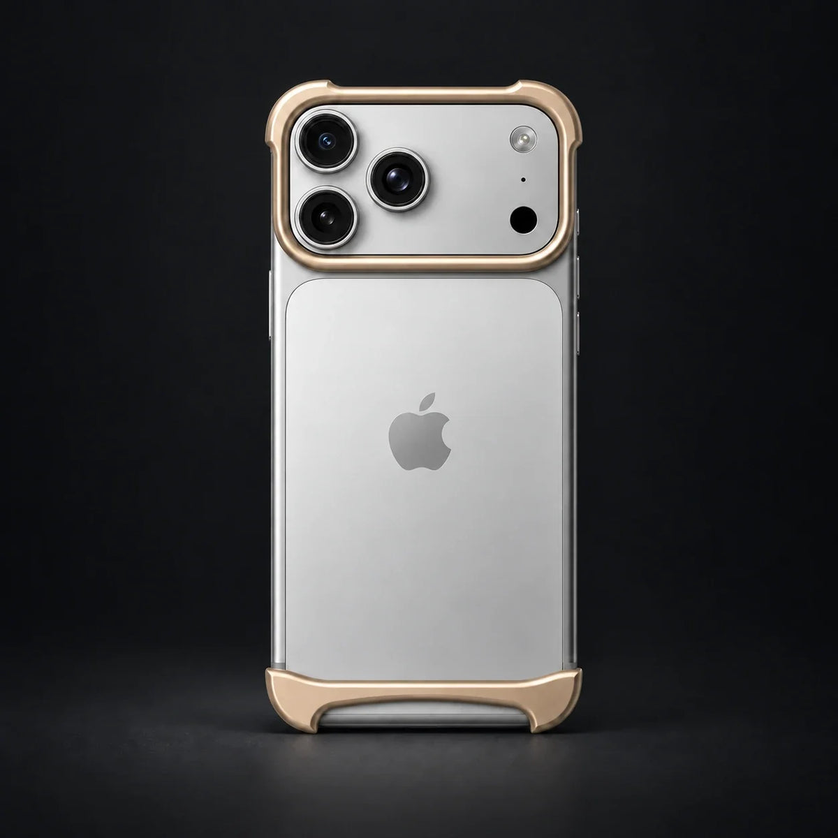 NØVA Halo gold bumper with visible iPhone Apple logo, dark studio visualization