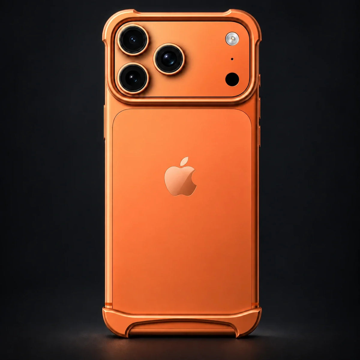 NØVA Halo orange bumper with visible iPhone Apple logo, dark studio visualization