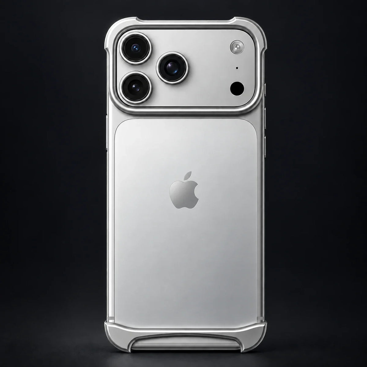 NØVA Halo silver bumper with visible iPhone Apple logo, dark studio visualization