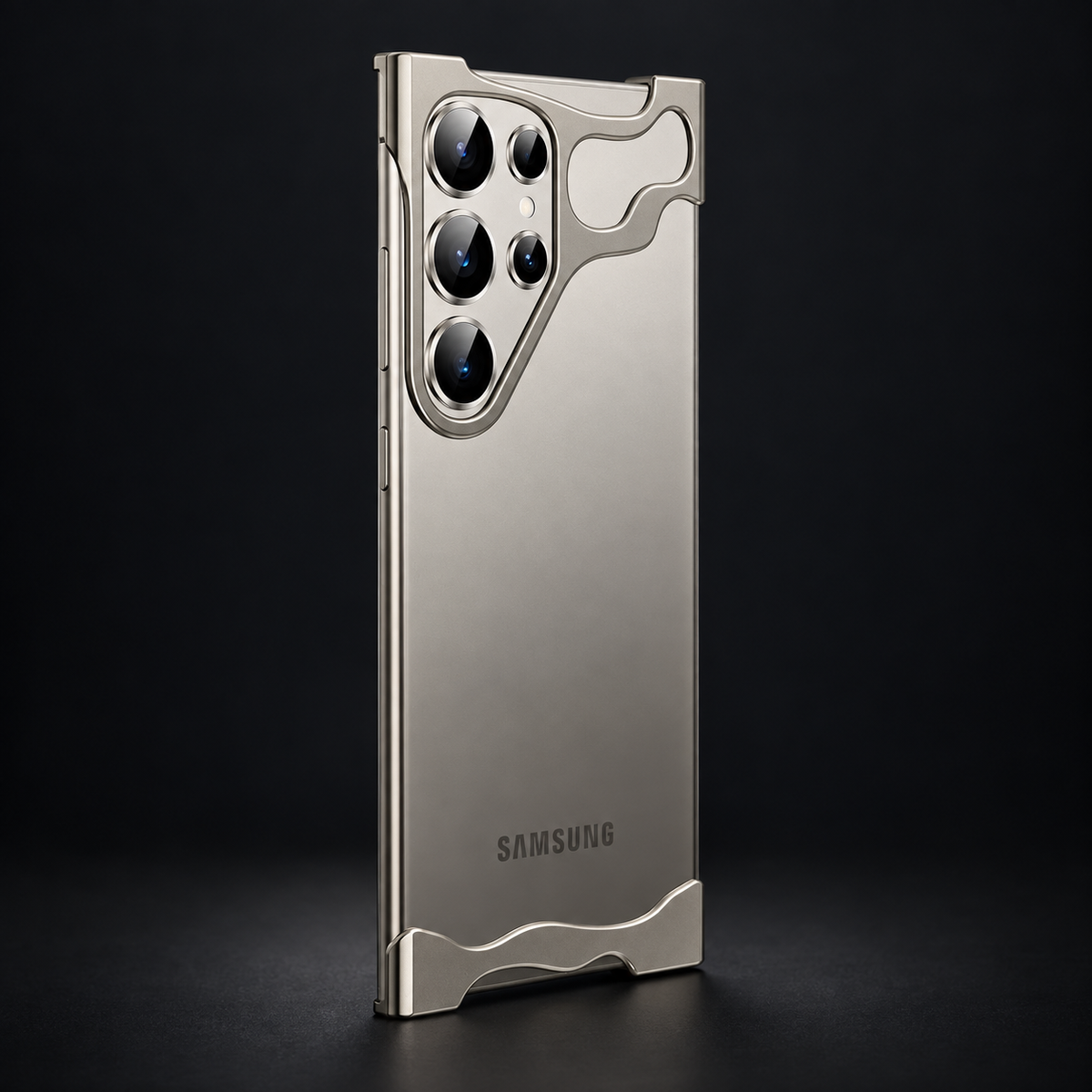 Grey rimless Samsung case shown on an Ultra model against a dark studio background
