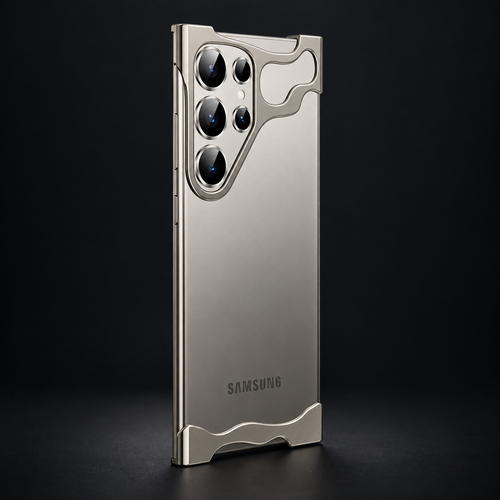 Grey rimless Samsung case shown on an Ultra model against a dark studio background